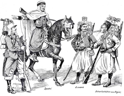 French colonial troops around 1890, infantry of the Afrika Corps, Spani, Zouave and sniper from
