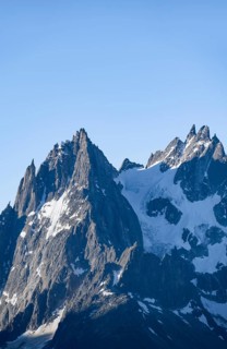 View of spectacular rocky pointed mountain peaks, Mont Blanc Massif, Aiguilles Rouges,