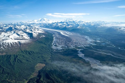 Kahlitna Glacier, Mt Foraker and Mt Denali or Mount McKinley, aerial view, Alaska Range, Denali