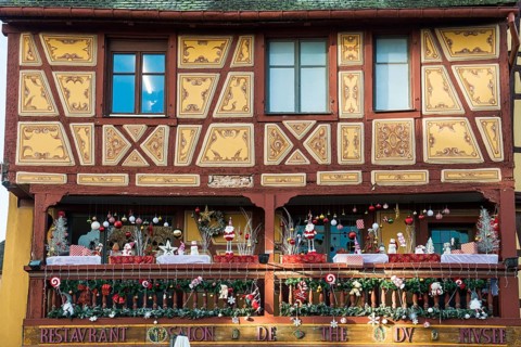Christmassy decorated half-timbered houses, Old Town, Colmar, Haut-Rhin Department, Alsace, France