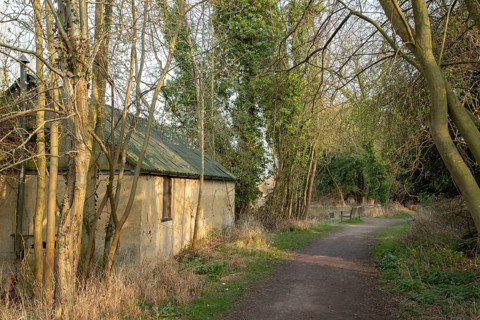 Watercress hut and footpath landscape, RSPB Fowlmere nature reserve, Cambridgeshire, England,