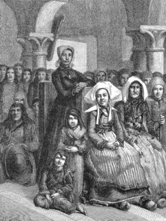 Women in typical traditional costume in church at a service, 1869, Brittany, France, Historic,