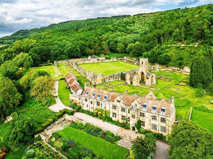 Mount Grace Priory, House and Gardens from a drone, East Harlsey, North Yorkshire, England, United