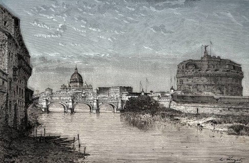 Scenic view of Ponte Sant'Angelo and Castel Sant'Angelo, Rome, Italy, 19th Century