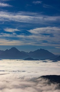 View from Schwarzenberg to a sea of fog in the Salzach valley with Watzmann, Osterhorn group,