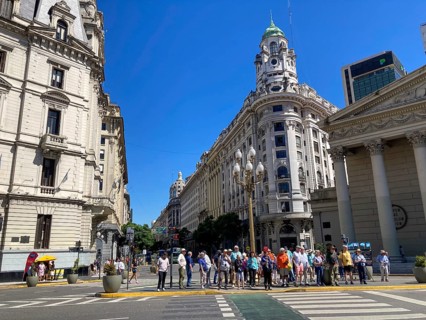 Tourist group in central Buenos Aires at the beginning of Plaza de Mayo, Argentina