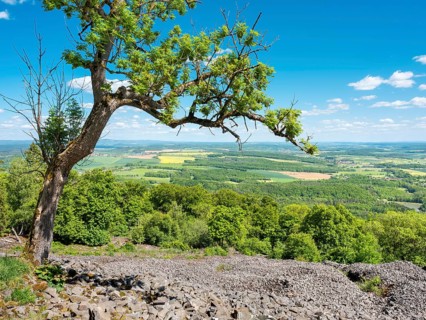 Blockheap on Kleiner Gleichberg, former Celtic oppidum Steinsburg, view over the landscape of the