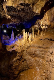 Stalagmites and stalactites in a cave, Devil's Cave Pottenstein, Franconian Switzerland, Franconia,