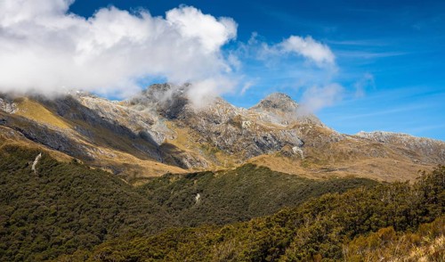 Mountain landscape in New Zealand on the Key Summit Track hiking trail. Fiordland National Park,