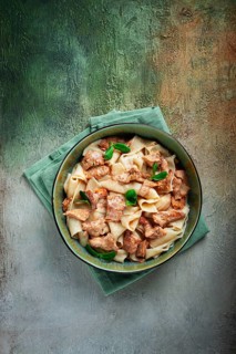 Papardelle pasta, with chanterelle mushrooms, in cream sauce, homemade, no people