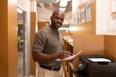 A professional in a modern coworking space in Barcelona stands by a printer, reviewing documents