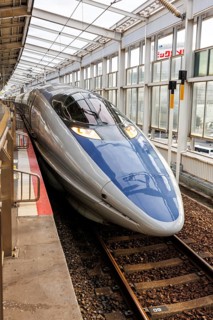 Shinkansen train type 500 high-speed train of Japan Rail JR West at Okayama station, Japan