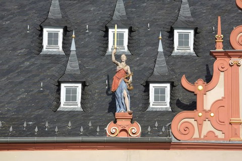 Justice on the roof of the town hall, roof figure, Gross-Umstadt, Hesse, Germany
