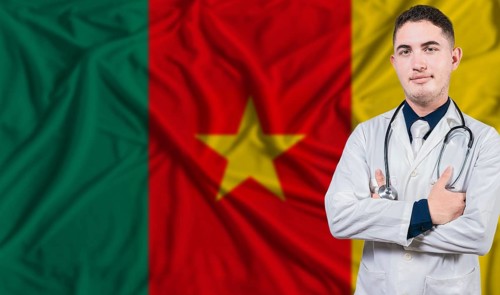Portrait of medical professional on Cameroon flag background.Cameroonian national health system