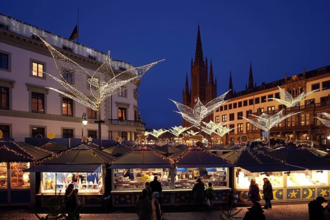 Shooting star market with city palace, market church, New Town Hall, Christmas decoration,