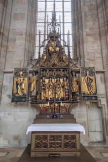 The cross altar from 1470 in the late Gothic hall church of St George, Dinkelsbühl, Bavaria,