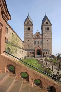 Neo-Romanesque UNESCO Benedictine Abbey St. Hildegard, monastery church with twin towers, Eibingen,