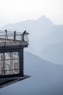 Tourists at the mountain station of the Bavarian Zugspitze railway, view, Wetterstein mountains,
