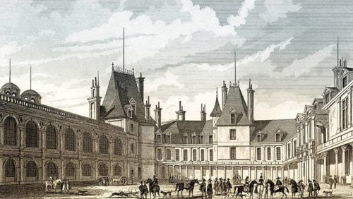 The Oval Courtyard, Château de Fontainebleau, near Paris, antique steel engraved print, 1831