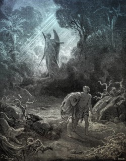Adam and Eve are driven out of Eden, Old Testament, woodcut by Gustave Doré