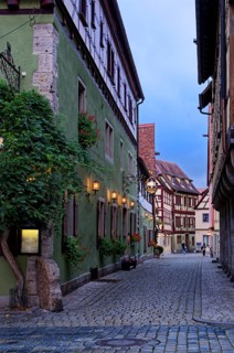 The Georgengasse in the old town centre of Rothenburg ob der Tauber in the evening. Rothenburg,