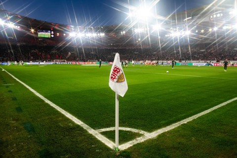 Corner flag with coat of arms, logo, VfB Stuttgart, floodlight, star effect, interior, feature,