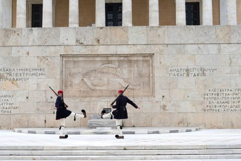 Athens, Greece. April 24th 2025. Changing of the Evzones Military Guard at the Tomb of the Unknown