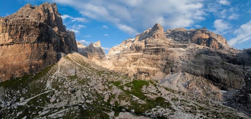 Evening at Refugio Francis Fox Tuckett, alpine panorama, aerial view, impressive mountain peaks of