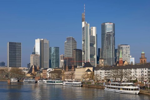 Blue sky shines over Frankfurt's banking skyline, Frankfurt am Main, Hesse, Germany