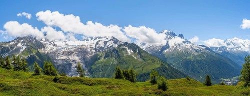 Mountain panorama with glaciated mountain peaks and glacier Glacier du Tour, hiking to the