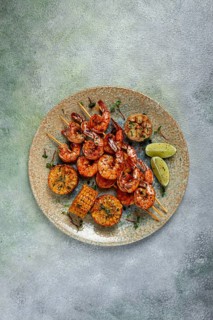 Tiger prawns on skewers, shrimp kebab, with corn, fried, homemade, no people