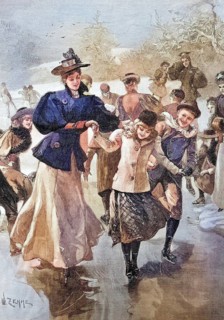Ice skating, coloured wood engraving, reproduction of a model from ca. 1888, historical, children