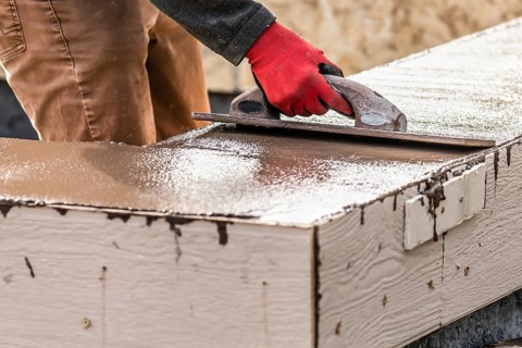 Construction Worker Using Wood Trowel On Wet Cement Forming Coping Around New Pool