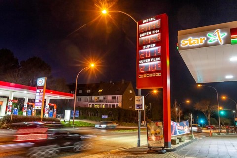 Gas station, high fuel prices due to the war in the Middle East, display board, Esso and Star gas