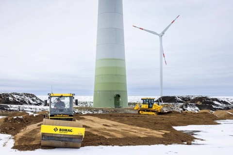 Construction site of a wind farm, preparation of the crane site and the foundation for a wind