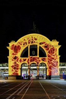 Archway on the station square, light installation at dusk, Lilu, Light Festival 2023, Lucerne,