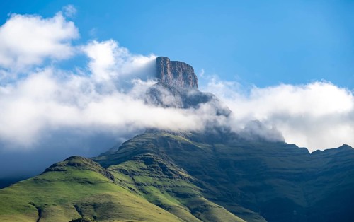 Drakensberg Mountains and Cliffs with Fog, Amphitheatre, Drakensberg National Park, KwaZulu Natal,