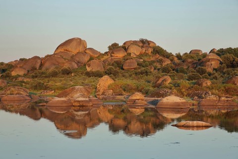 Reflection of rock formations in the lake with water, lull, rocky landscape, lakeside, lighting