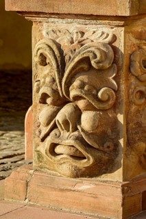 Baroque relief, grim, enemy-deterring face on column base, Upper Tor, Landgrave's Castle, Bad