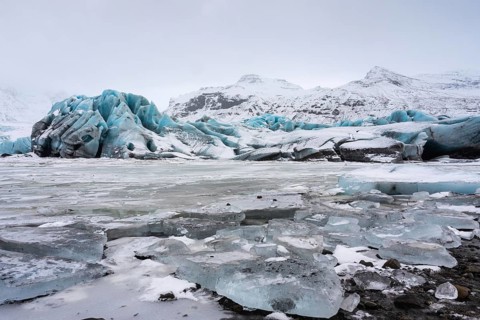 Glacier lagoon, frozen glacial lake, glacier ice, mountain, snow, winter, Svinafellsjökull,