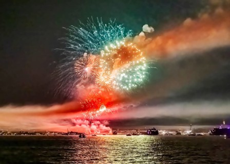 Lake Night Festival Constance. Water fireworks over the German shore and the neighbouring Swiss