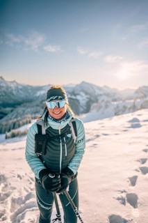Hiking in the snow in the snow-covered winder landscape in the Alps at Neunerköpfle in the