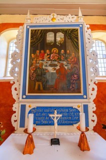Altar with communion painting in the medieval fieldstone church of Zeuden, Fläming, Brandenburg,
