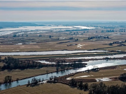 Ice and snow-covered foothills of the Oder in the Lower Oder Valley National Park. aerial view.