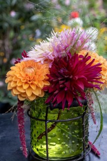 Small bouquet with dahlias in a green vase, Germany
