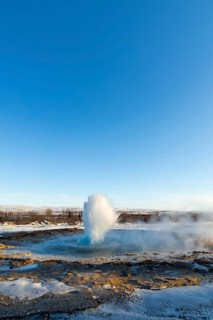 Strokkur, Gysir erupting, snow, winter, Haukadalur Valley, Golden Circle, Iceland, Scandinavia
