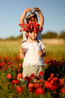A young boy places a crown of common poppies on his sister in a blooming field. The girl, adorned