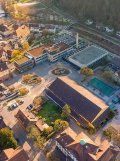 Bird's-eye view of a city with different architectures and natural areas in spring, Nagold, Black