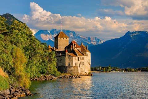 Chillon Castle on Geneva near Veytaux, Canton of Vaud, . switzerland