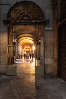 Restaurants in the arcades at Plaça Reial in Barcelona, Spain